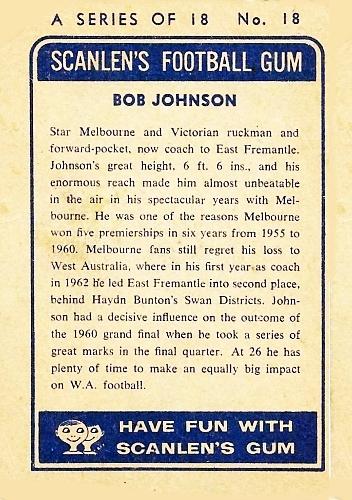1963 Scanlens VFL #18 Bob Johnson Back